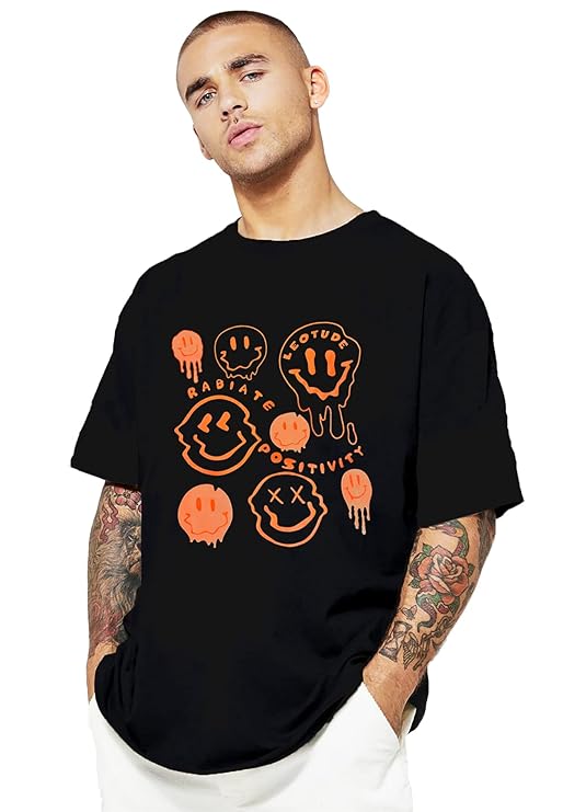 Oversized plain black t-shirt with a striking orange smiley face print