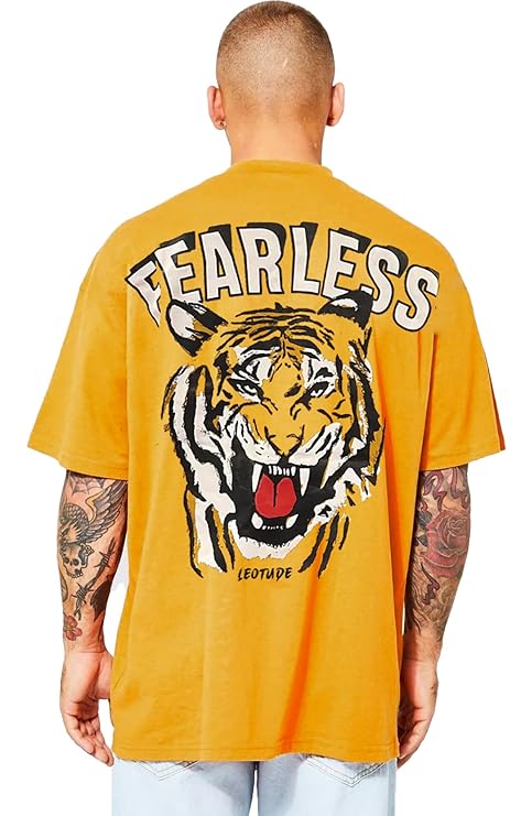 Yellow oversize t-shirt with letter print and roaring tiger head